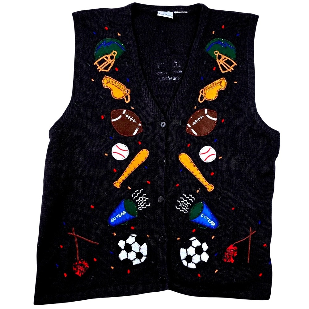 Bobbie‎ Brooks Sports Novelty Knit Vest Vintage Black Embroidered Beaded Medium